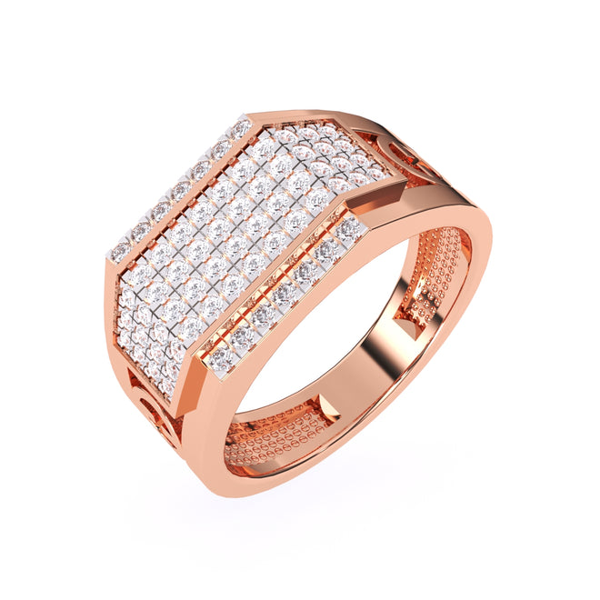 Rectangle Shape Round Diamond With Pave Set Rose Gold Men Ring