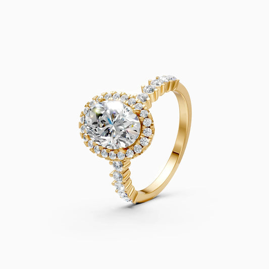 Regal Solitaire Oval And Round Halo Lab Grown Diamond Engagement Ring