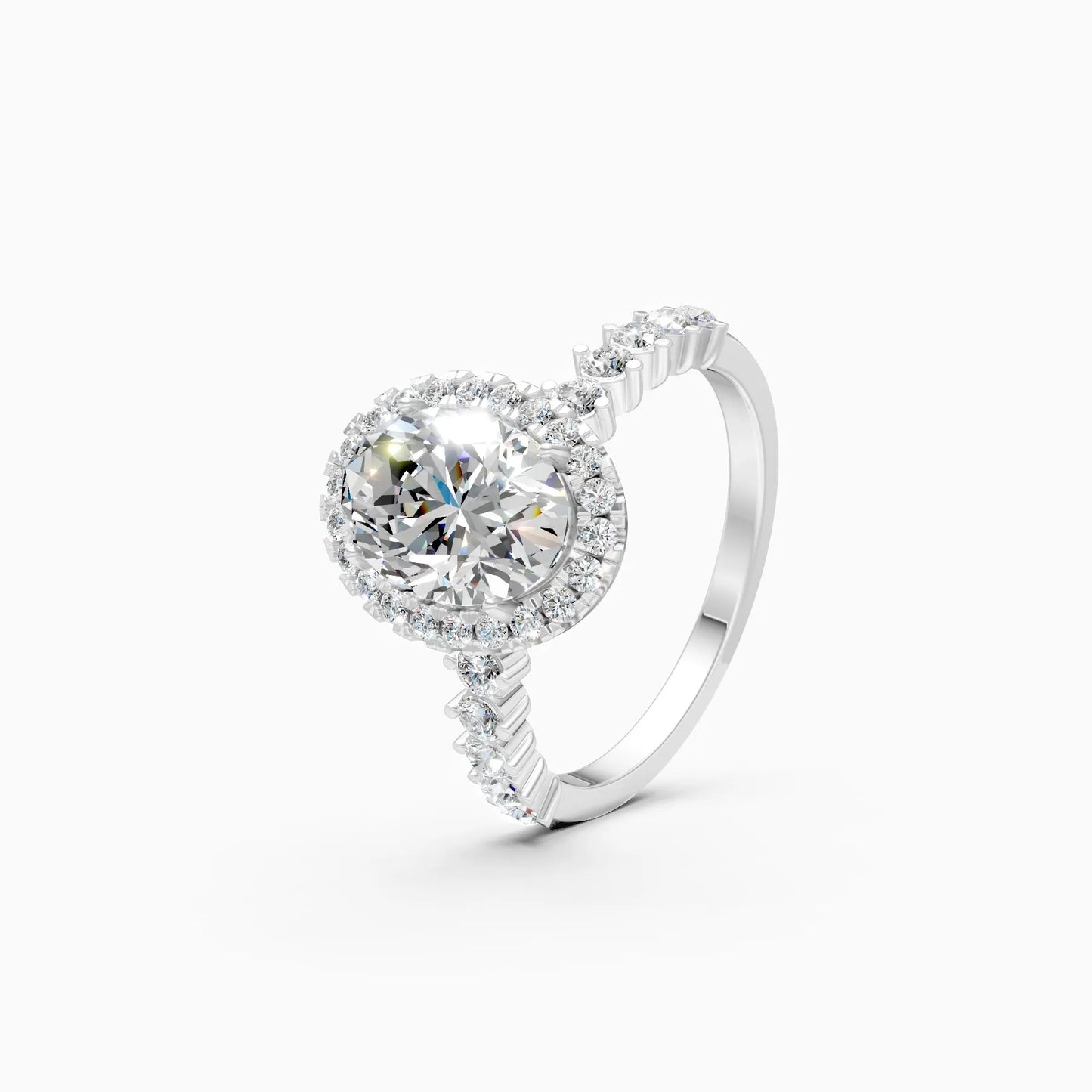Regal Solitaire Oval And Round Halo Lab Grown Diamond Engagement Ring